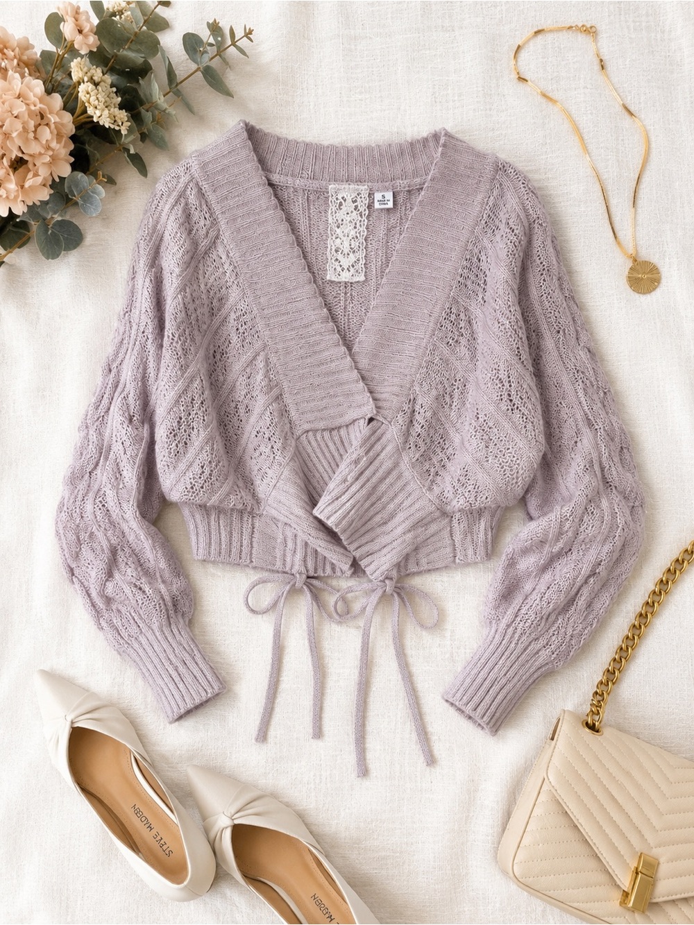 Lavender Lace Knit Tie-Front Sweater Cardigan -  Women